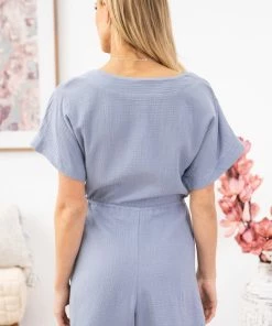 Lime N Chili Dresses Slate Blue Drawstring Waist Textured Romper