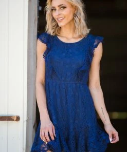 Kori America Slate Blue Lace Flutter Sleeve Dress Dresses