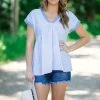 Staccato Tops Cornflower And White Lace Trim Pinstripe Top