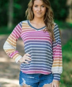 Andree By Unit Charcoal Multicolor Stripe V-Neck Top Tops