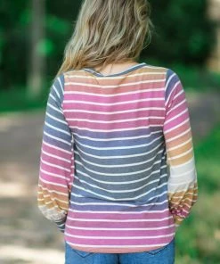 Andree By Unit Charcoal Multicolor Stripe V-Neck Top Tops