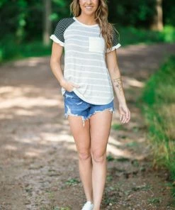 Hailey And Co Light Grey And Black Stripe Raglan Top