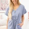 Lime N Chili Dresses Slate Blue Drawstring Waist Textured Romper
