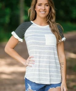 Hailey And Co Light Grey And Black Stripe Raglan Top