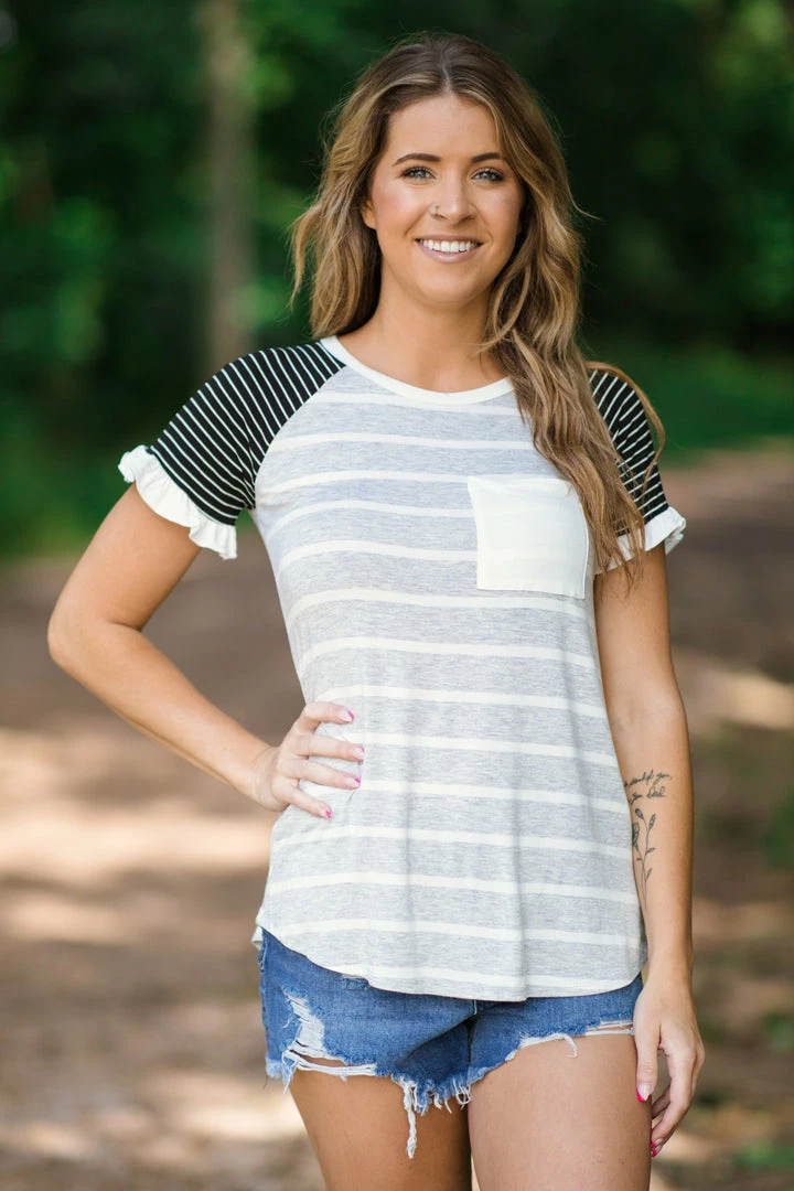 Hailey And Co Light Grey And Black Stripe Raglan Top 3 Hailey And Co Light Grey And Black Stripe Raglan Top