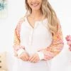 BIBI White Multicolor Floral Sleeve Henley Top LONG SLEEVES 2 BIBI White Multicolor Floral Sleeve Henley Top LONG SLEEVES