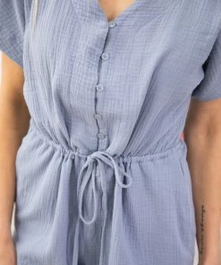 Lime N Chili Dresses Slate Blue Drawstring Waist Textured Romper
