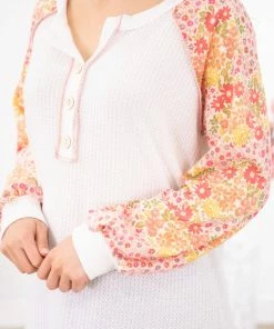 BIBI White Multicolor Floral Sleeve Henley Top LONG SLEEVES