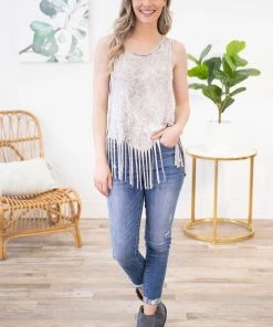 BLUE BUTTERCUP Grey Mineral Wash Fringe Tank Top TANK TOPS