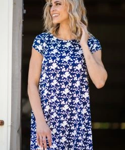 Miroh Navy And White Floral Print Short Sleeve Dress Dresses