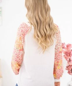 BIBI White Multicolor Floral Sleeve Henley Top LONG SLEEVES