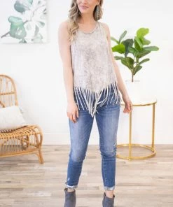BLUE BUTTERCUP Grey Mineral Wash Fringe Tank Top TANK TOPS