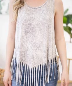 BLUE BUTTERCUP Grey Mineral Wash Fringe Tank Top TANK TOPS