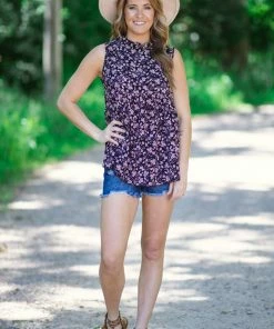 Lovely Melody Black And Dusty Rose Ditsy Floral Tank