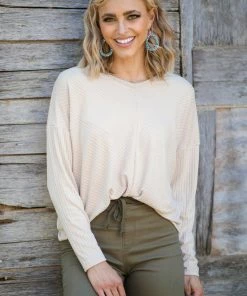 White Birch Tops Beige Reverse Seam Long Sleeve Top