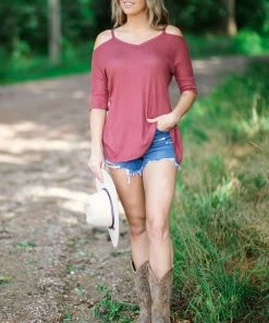 Hailey And Co Wine Cold Shoulder Top