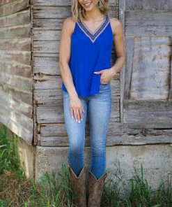 Doe & Rae Cobalt Multicolor Aztec Trim Tank Tops