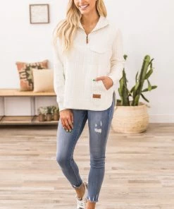 August Bleu LONG SLEEVES Ivory Textured 1/4 Zip Pullover