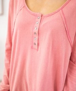 White Birch LONG SLEEVES Pink Long Sleeve Top With Button Detail
