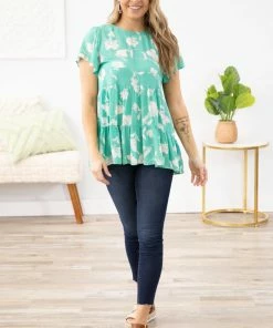 Staccato Turquoise And Ivory Floral Print Babydoll Top