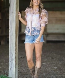 Haute Monde Dusty Rose Floral Lace Applique Puff Sleeve Top