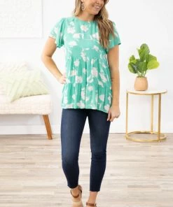 Staccato Turquoise And Ivory Floral Print Babydoll Top