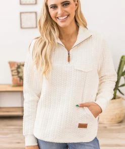 August Bleu LONG SLEEVES Ivory Textured 1/4 Zip Pullover