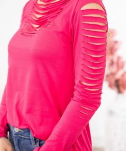 Blumin Apparel Hot Pink Distressed Detail Long Sleeve Top LONG SLEEVES