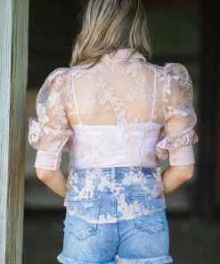 Haute Monde Dusty Rose Floral Lace Applique Puff Sleeve Top