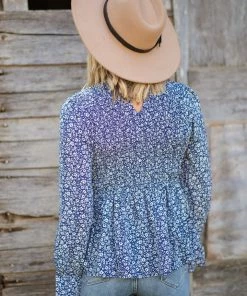 ASB FASHION Slate Blue Ditsy Floral Smocked Bodice Top