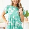 Staccato Turquoise And Ivory Floral Print Babydoll Top