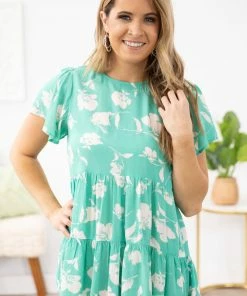 Staccato Turquoise And Ivory Floral Print Babydoll Top