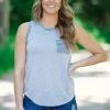 Staccato Grey And Navy Stripe Trim Tank With Pocket