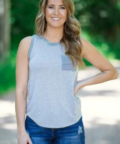 Staccato Grey And Navy Stripe Trim Tank With Pocket