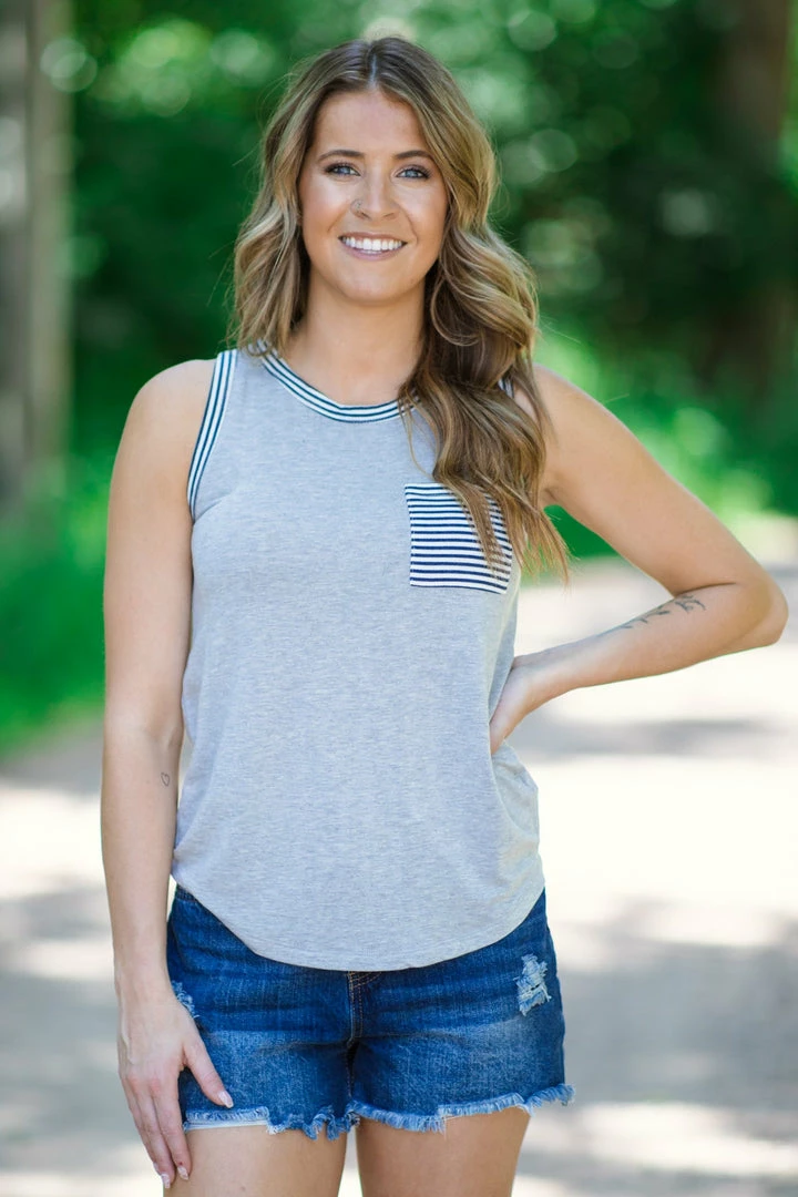 Staccato Grey And Navy Stripe Trim Tank With Pocket 3 Staccato Grey And Navy Stripe Trim Tank With Pocket