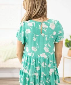 Staccato Turquoise And Ivory Floral Print Babydoll Top