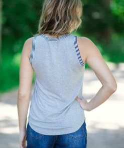 Staccato Grey And Navy Stripe Trim Tank With Pocket 7 Staccato Grey And Navy Stripe Trim Tank With Pocket