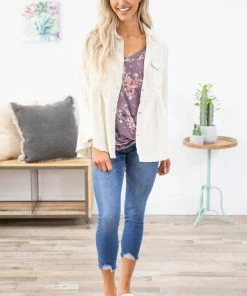 143 Story Cream Washed Contrast Hem Babydoll Jacket Outerwear