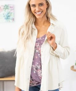 143 Story Cream Washed Contrast Hem Babydoll Jacket Outerwear