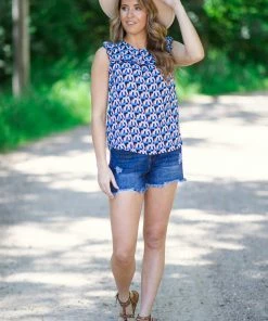 Together Clothing Tops Blue Multicolor Geometric Ruffle Trim Top