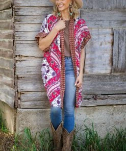 ODDI Red And Ivory Floral Mid Length Kimono Tops