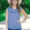 Together Clothing Tops Blue Multicolor Geometric Ruffle Trim Top