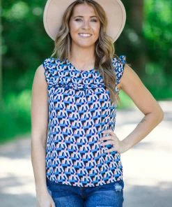Together Clothing Tops Blue Multicolor Geometric Ruffle Trim Top