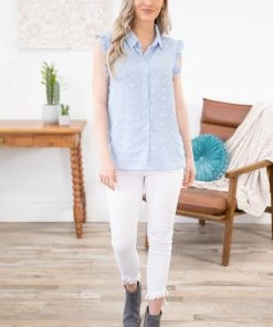 Shewin TANK TOPS Cornflower Swiss Dot Ruffle Trim Tank