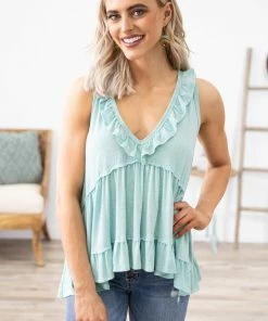 Axis Apparel Turquoise Ruffle Trim Raw Edge Tank