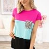 Heimish Tops Hot Pink And Aqua Colorblock Top With Pocket