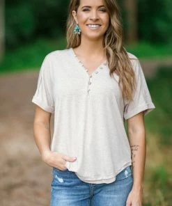 Very J Tops Beige Cuff Sleeve Top With Button Detail