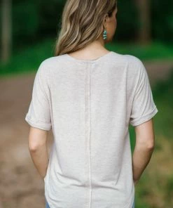 Very J Tops Beige Cuff Sleeve Top With Button Detail