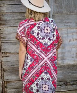 ODDI Red And Ivory Floral Mid Length Kimono Tops