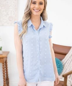 Shewin TANK TOPS Cornflower Swiss Dot Ruffle Trim Tank